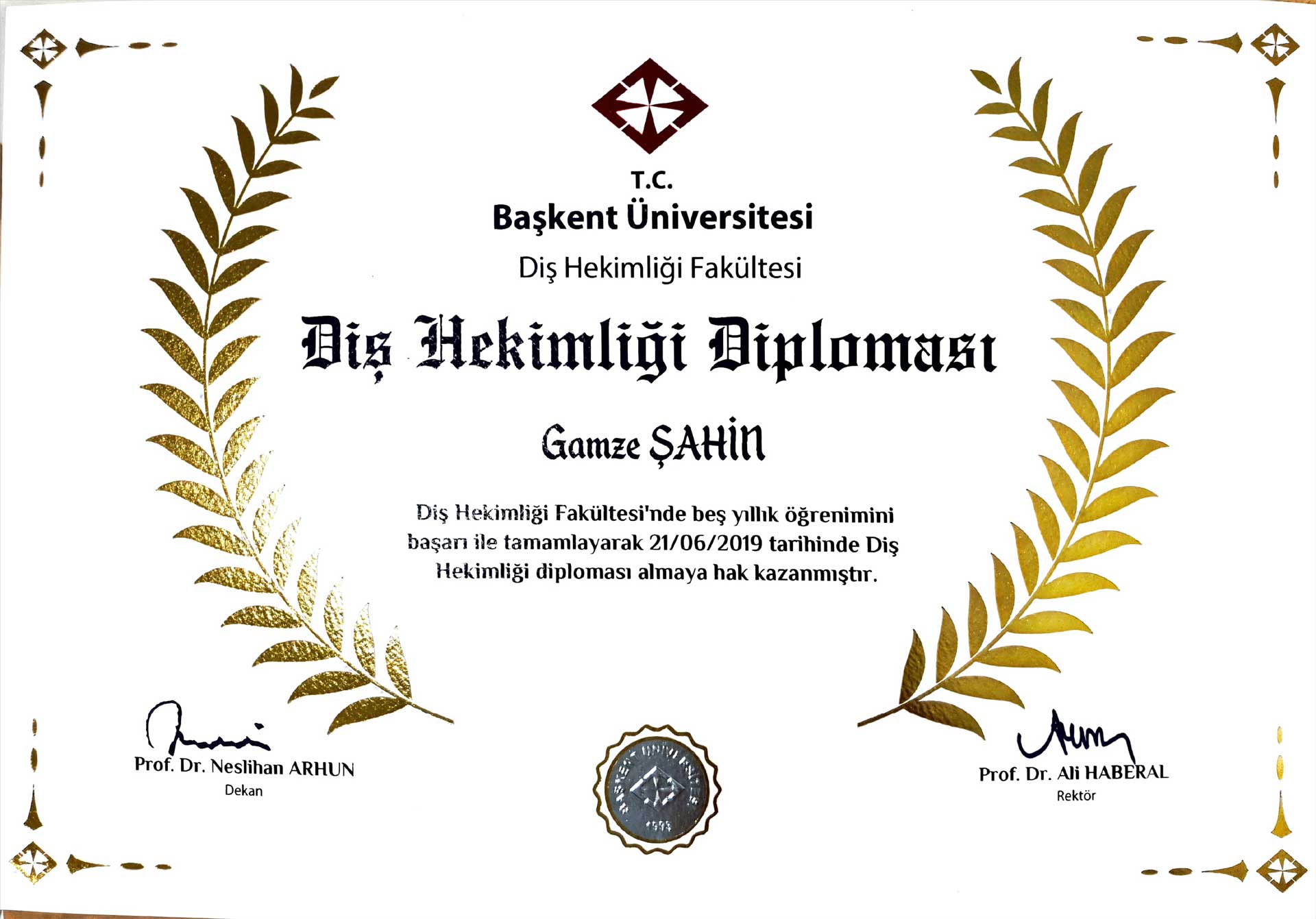 Dt. Gamze Şahin Diploma Dentanorm Adana 